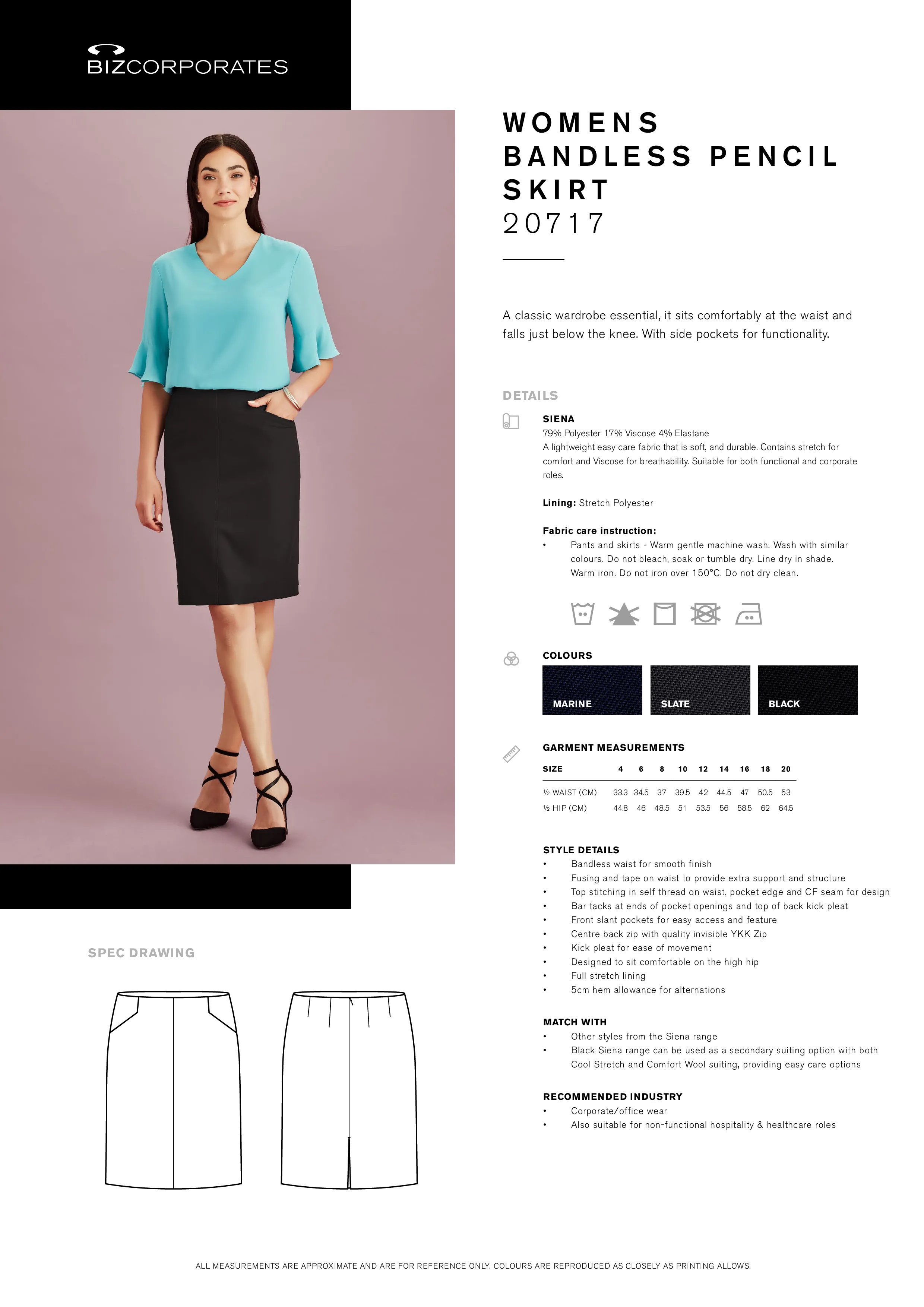 Biz Corporates 20717 Womens Siena Bandless Pencil Skirt Style Sheet