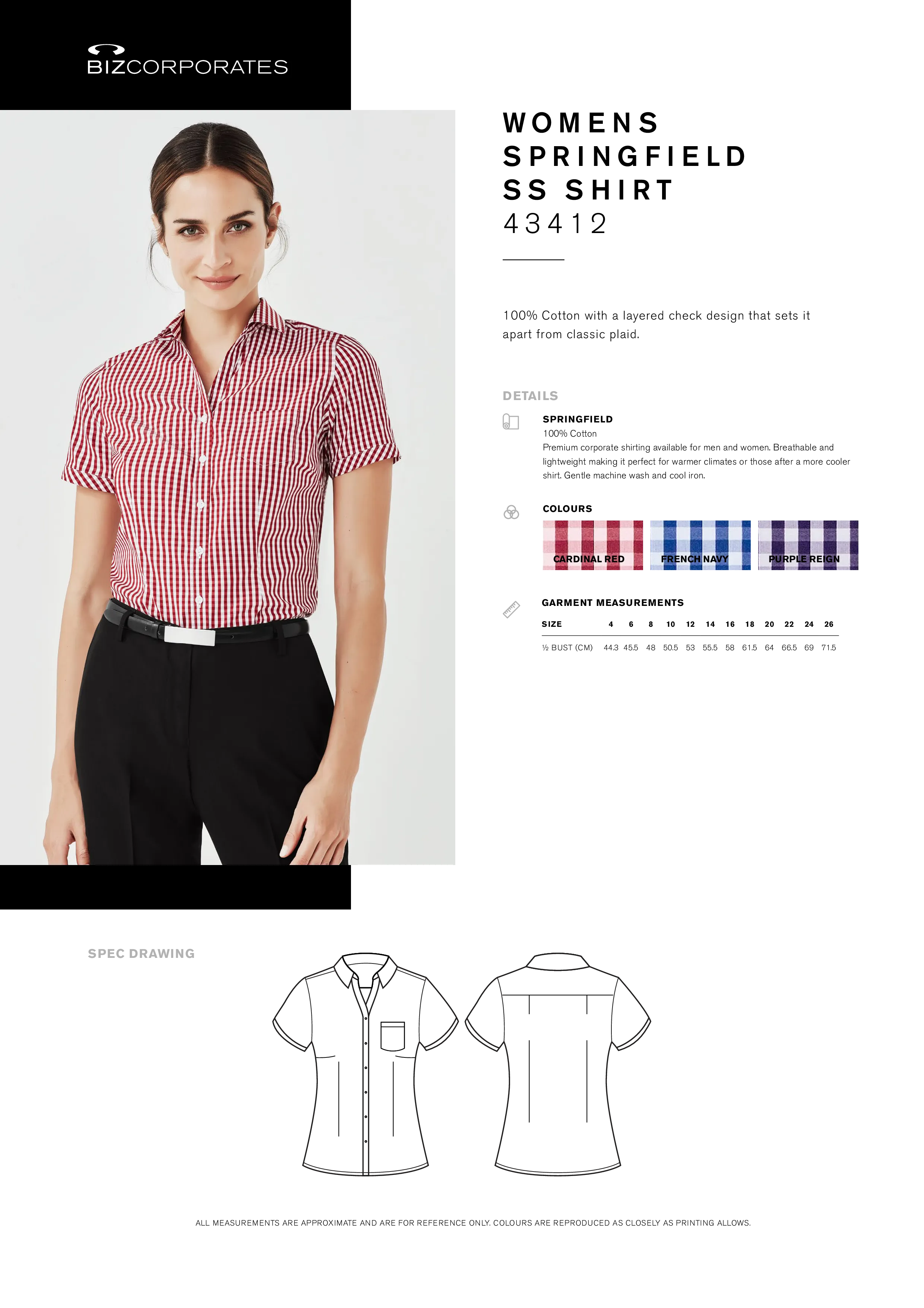 Biz Corporates 43412 Womens Springfield Short Sleeve Shirt Style Sheet