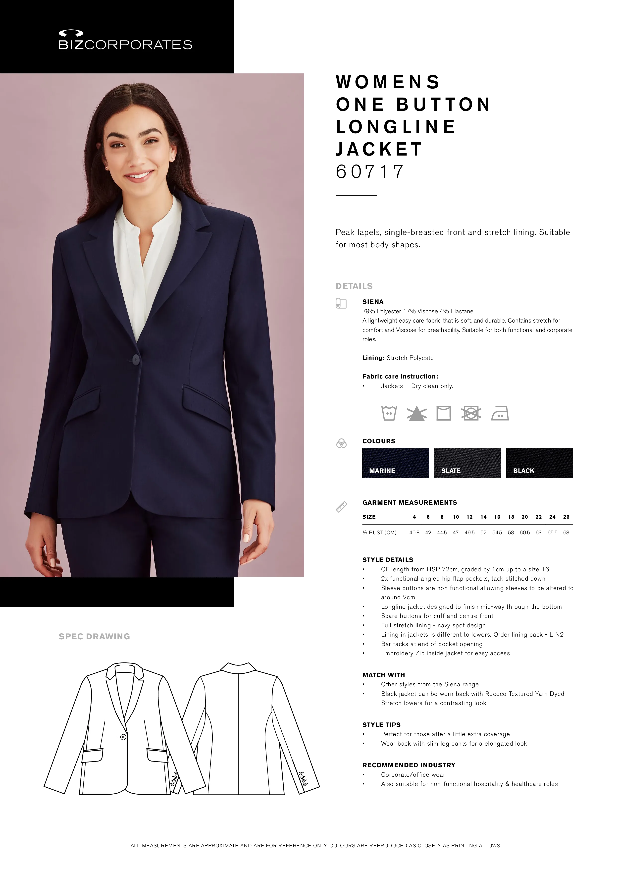Biz Corporates 60717 Womens Siena Longline Jacket Style Sheet