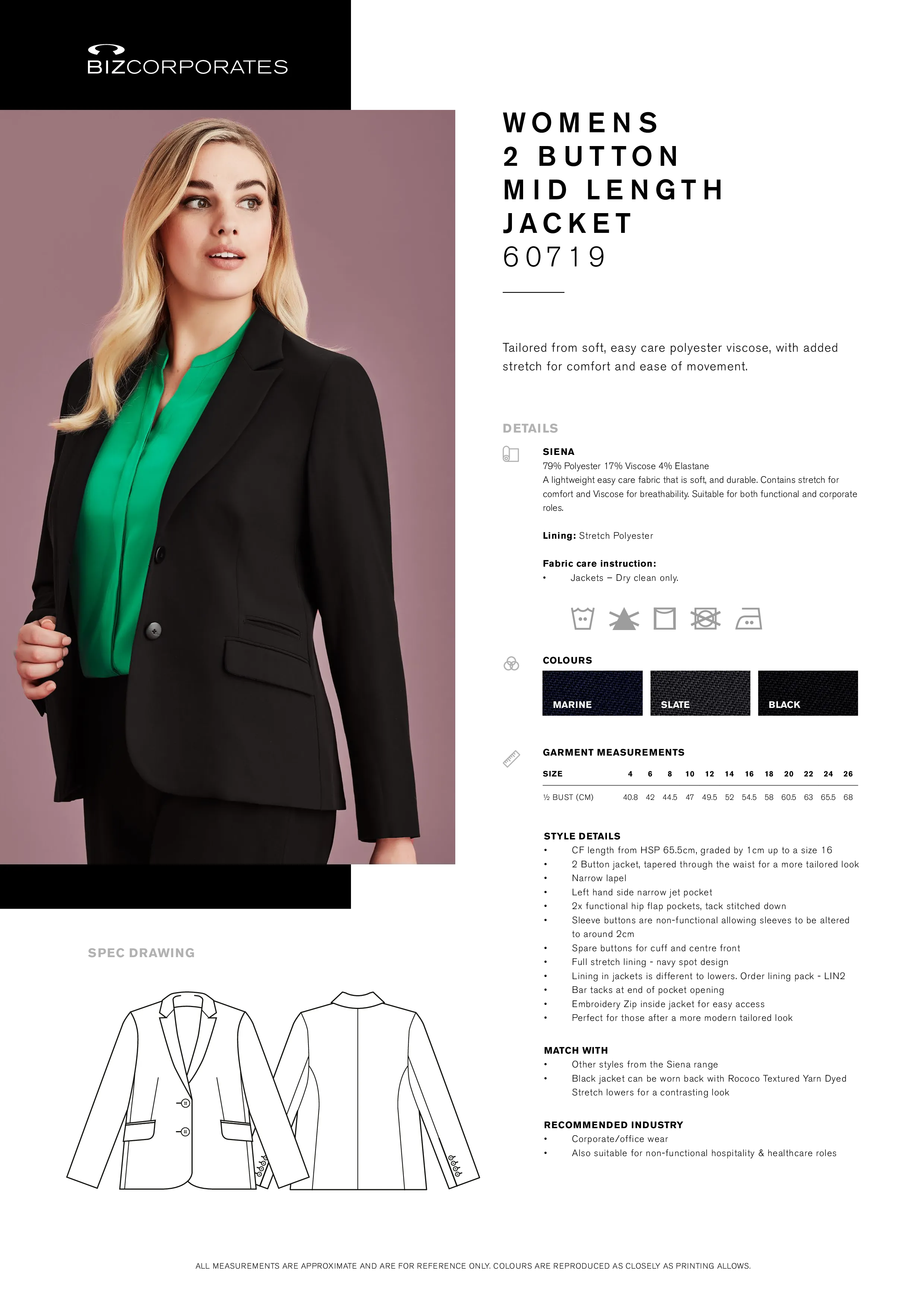 Biz Corporates 60719 Womens Siena Mid Length Jacket Style Sheet