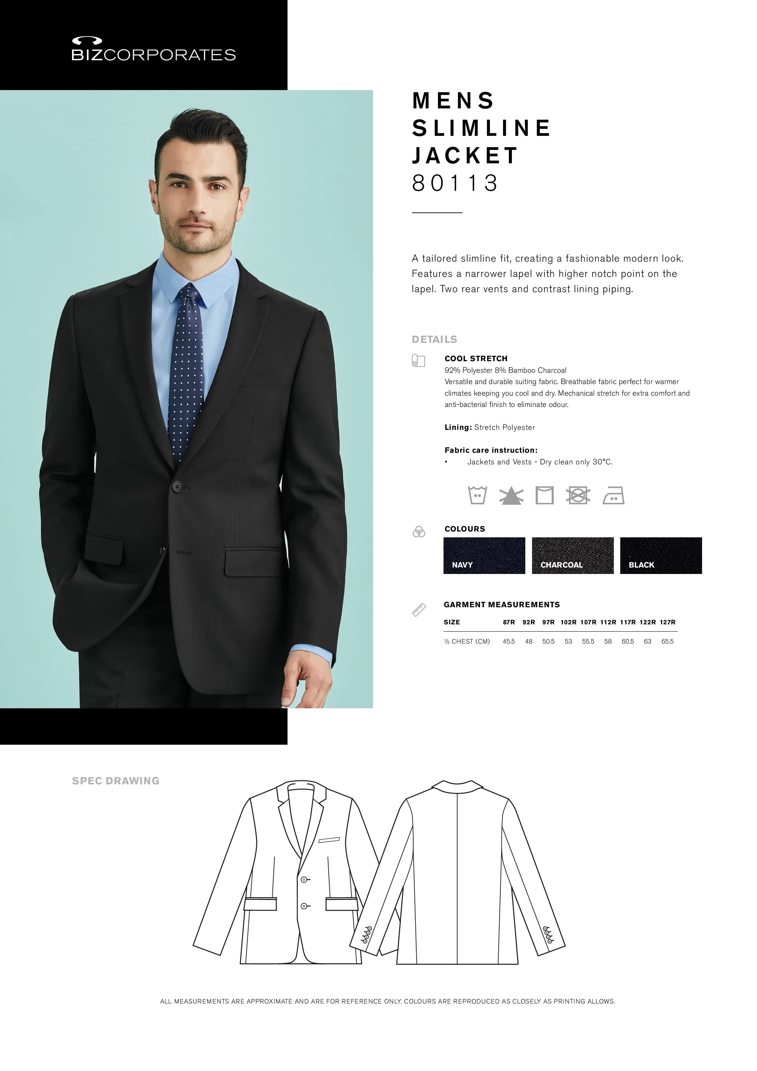 Biz Corporates 80113 Cool Stretch Mens Slimline Jacket Style Sheet