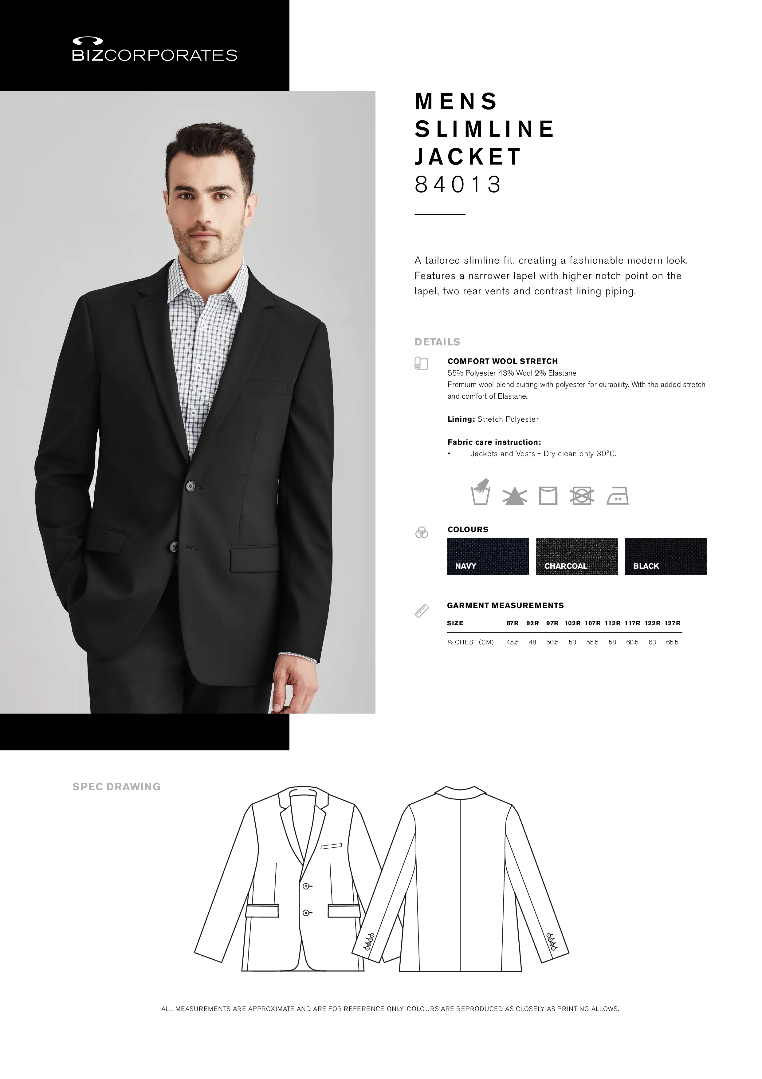 Biz Corporates 84013 Comfort Wool Stretch Mens Slimline Jacket Style Sheet