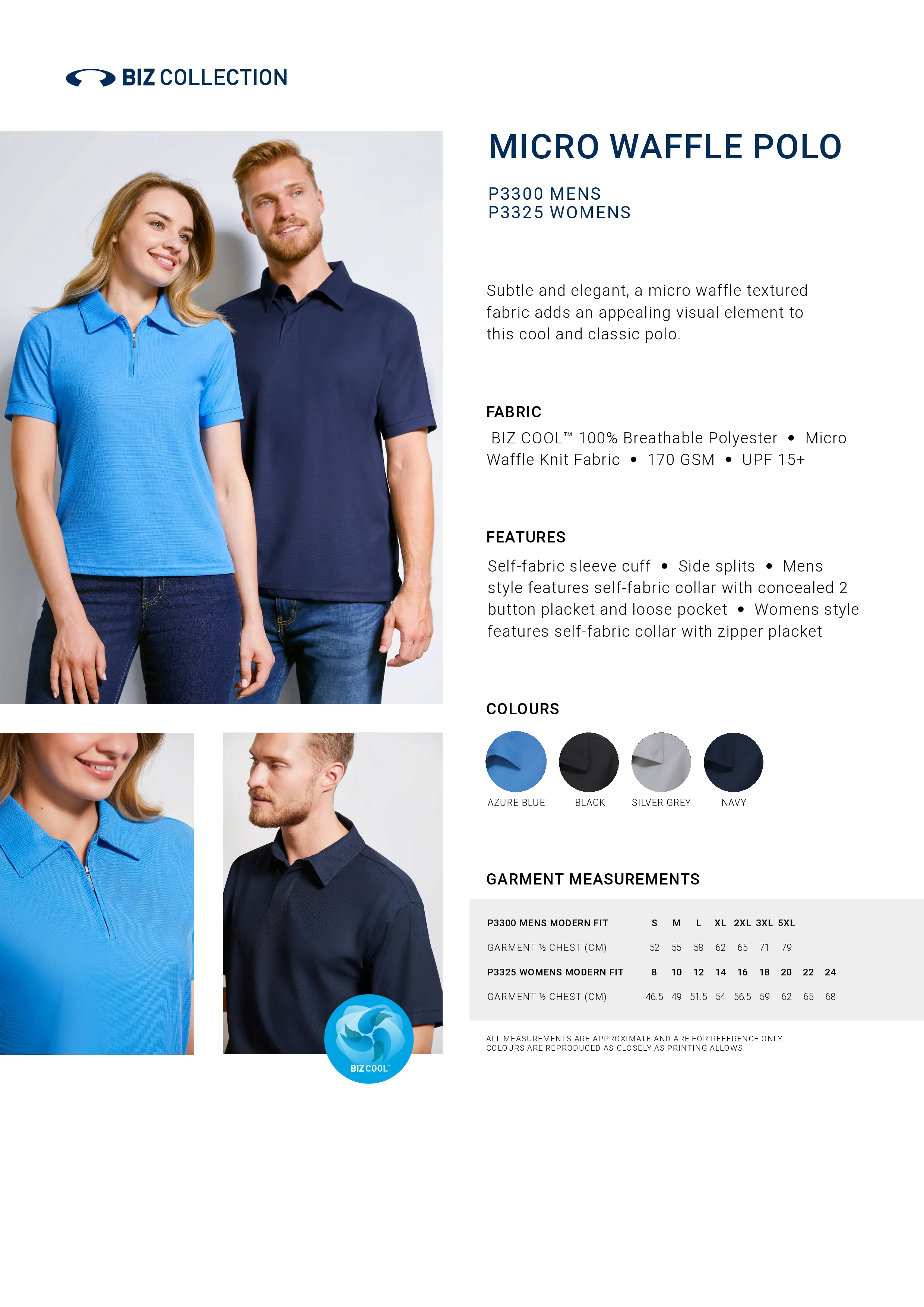 Biz Collection P3325 Womens Micro Waffle Short Sleeve Polo Style Sheet