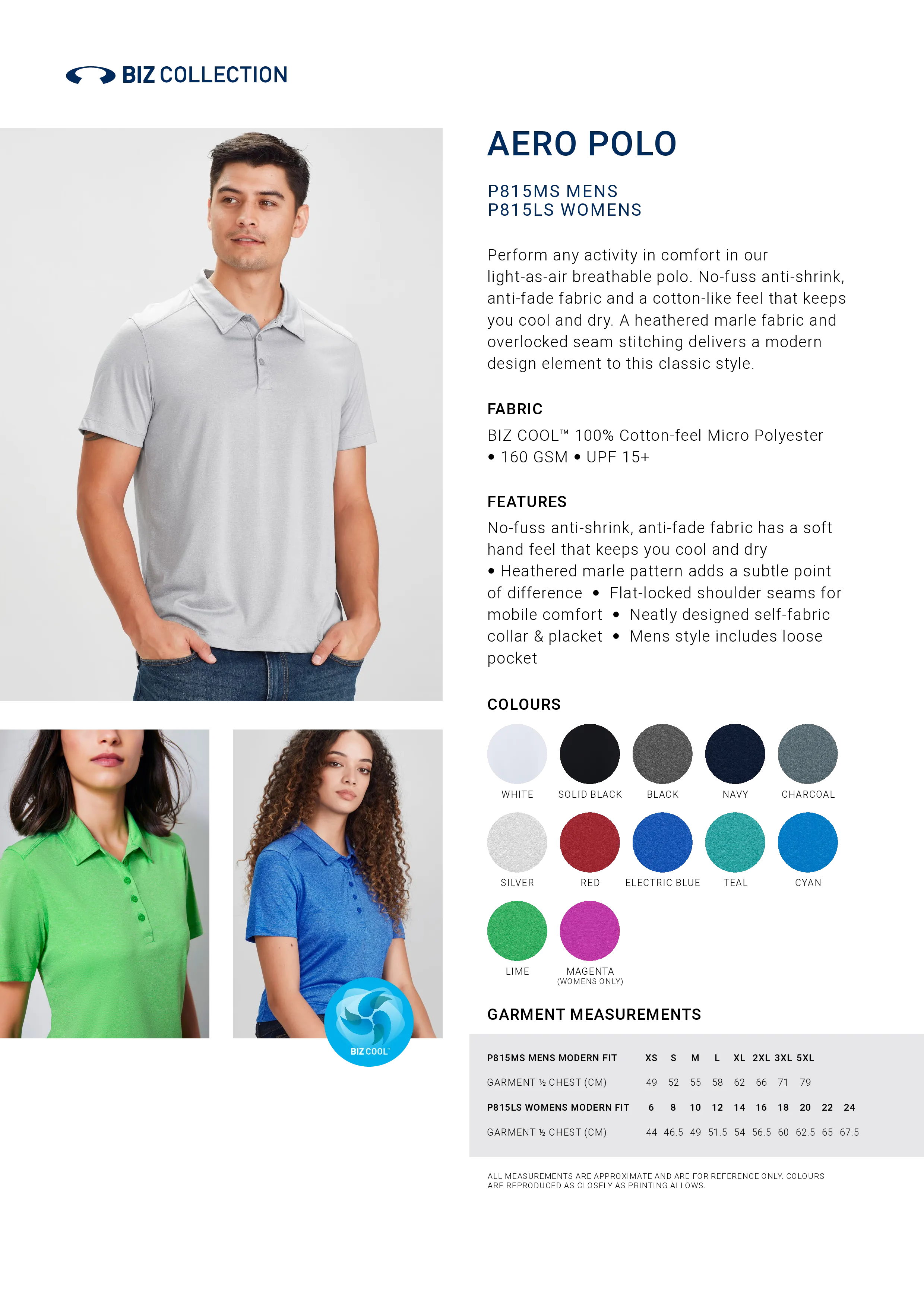 Biz Collection P815LS Womens Aero Short Sleeve Polo Style Sheet