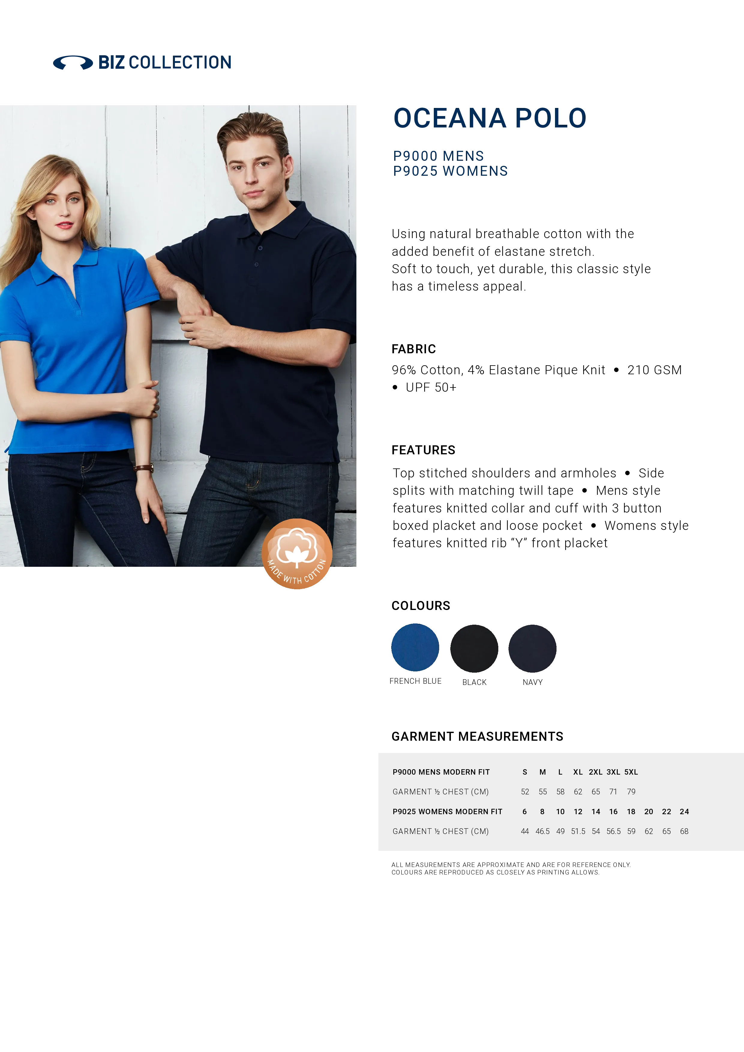 Biz Collection P9000 Mens Oceana Short Sleeve Polo Style Sheet