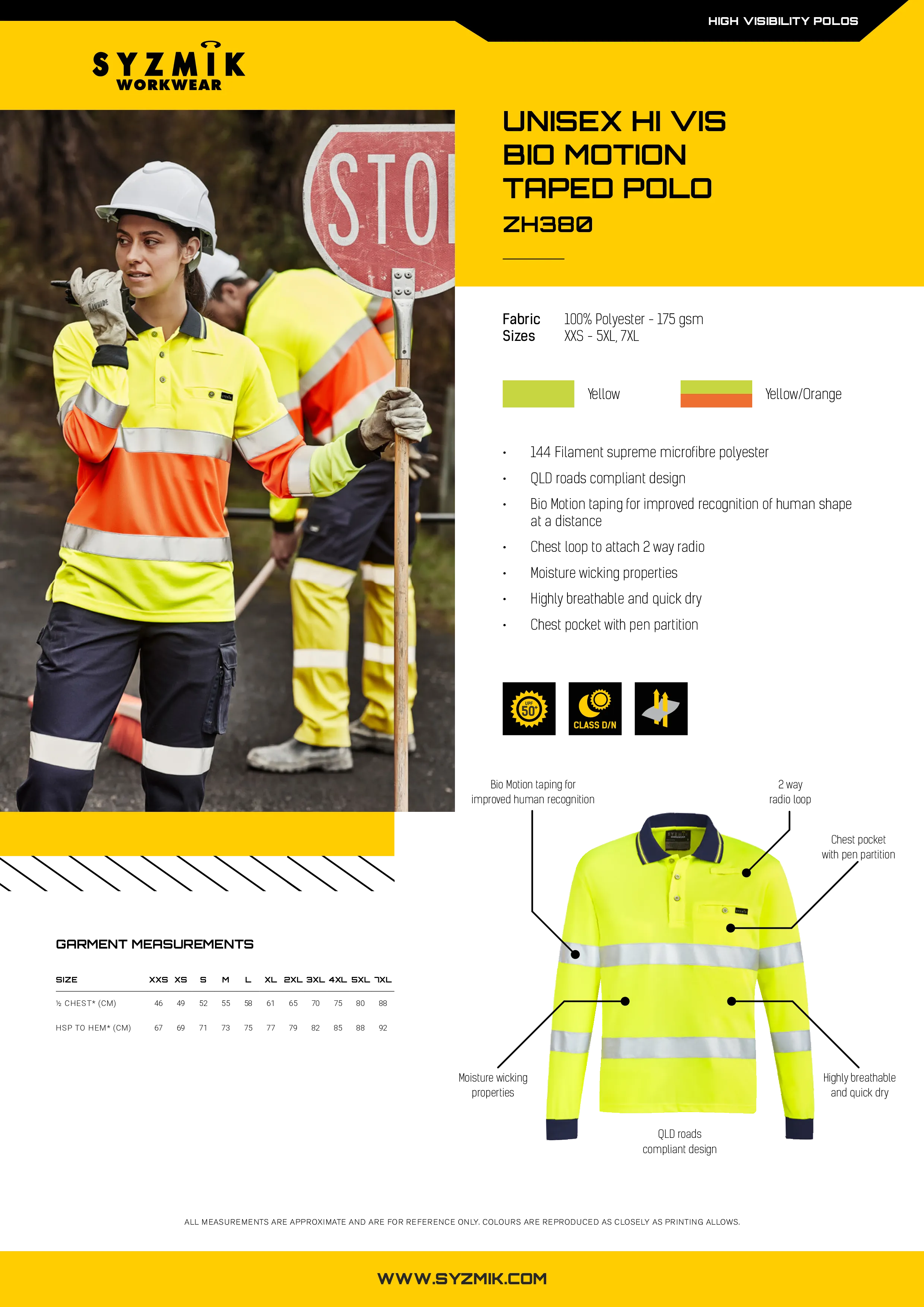 Syzmik ZH380 Unisex Hi Vis Bio Motion Taped Polo Style Sheet