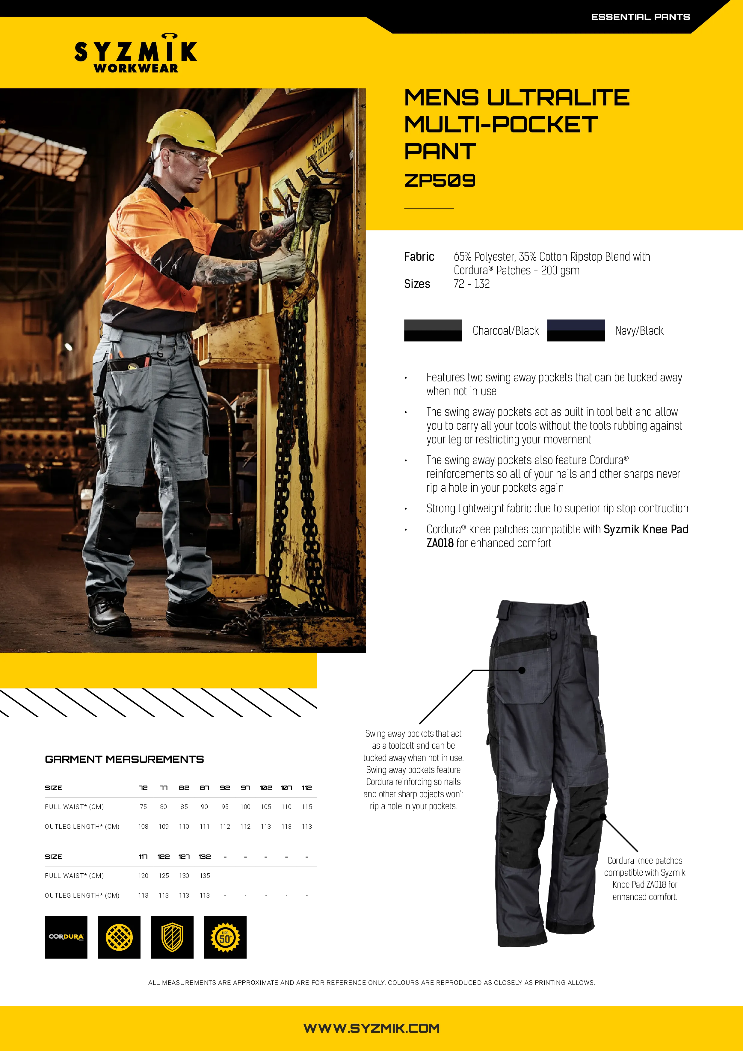 SYZMIK zp509 Mens Ultralite Multi-Pocket Pant Style Sheet