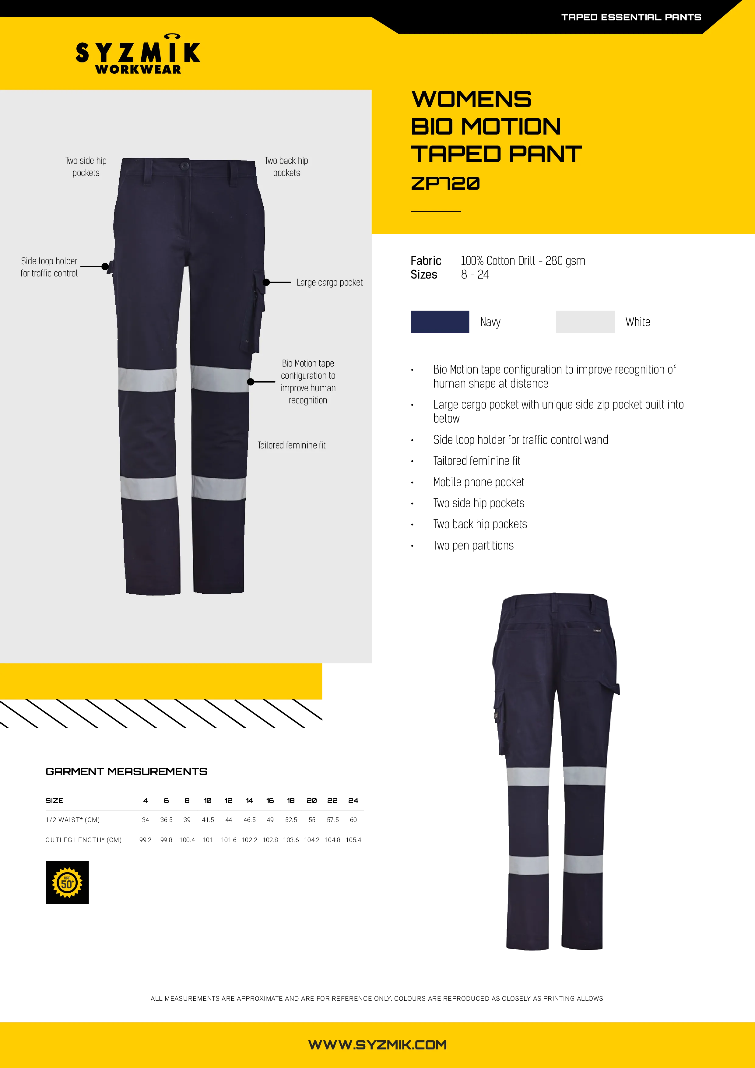 Syzmik ZP720 Womens Bio Motion Taped Pant Style Sheet