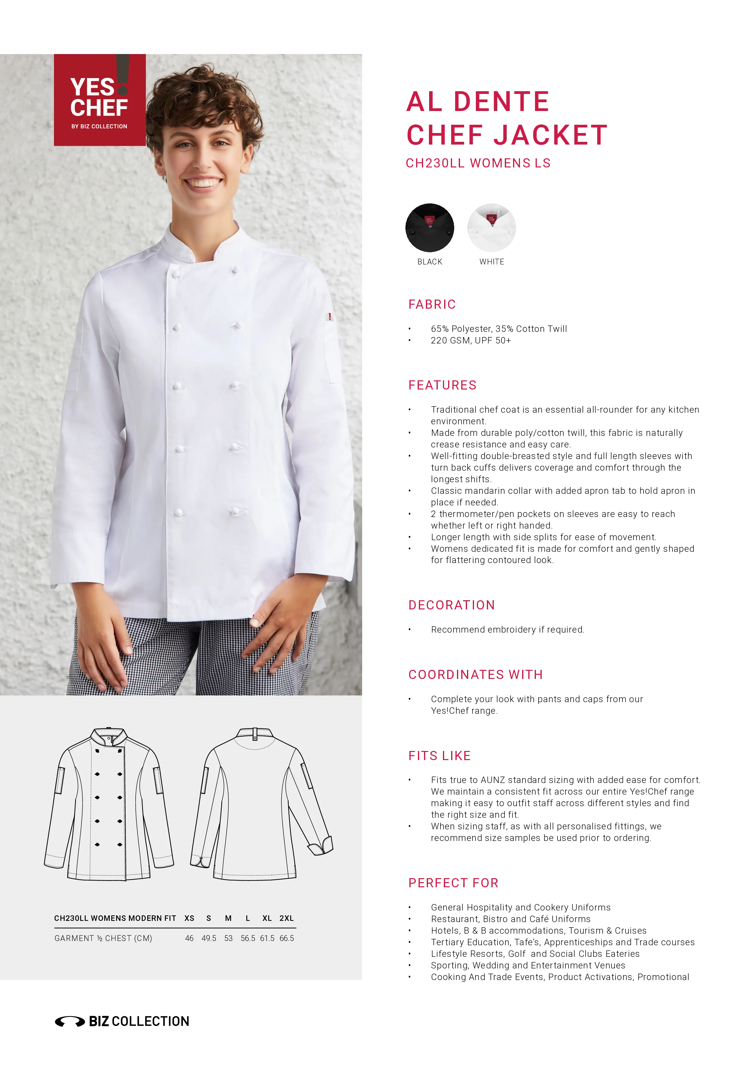 Biz Collection ch230ll Womens Al Dente Long Sleeve Chef Jacket Style Sheet