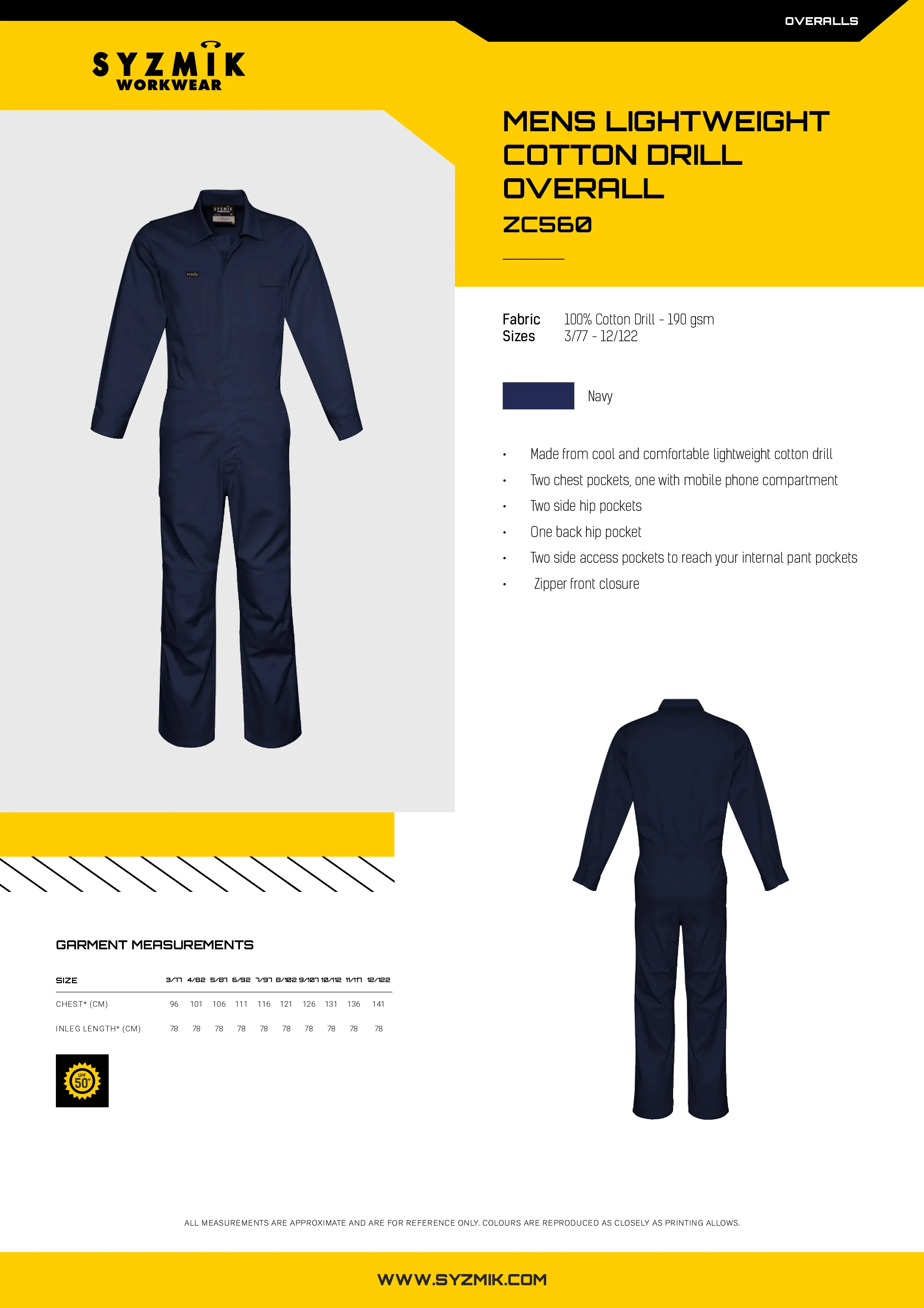 SYZMIK zc560 Mens Lightweight Cotton Drill Overall Style Sheet